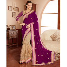 Sensational Beige Colored Embroidered Georgette Net Saree